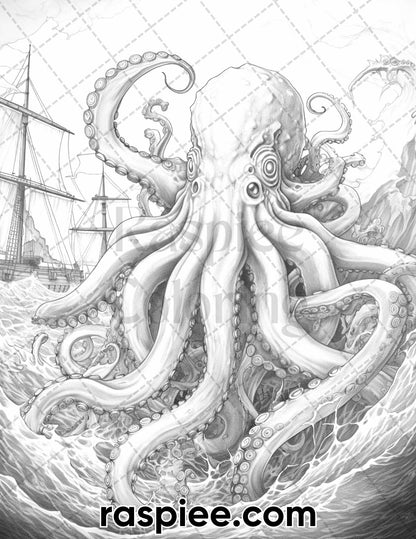 60 Mythical Creatures Grayscale Coloring Pages for Adults, Printable PDF Instant Download