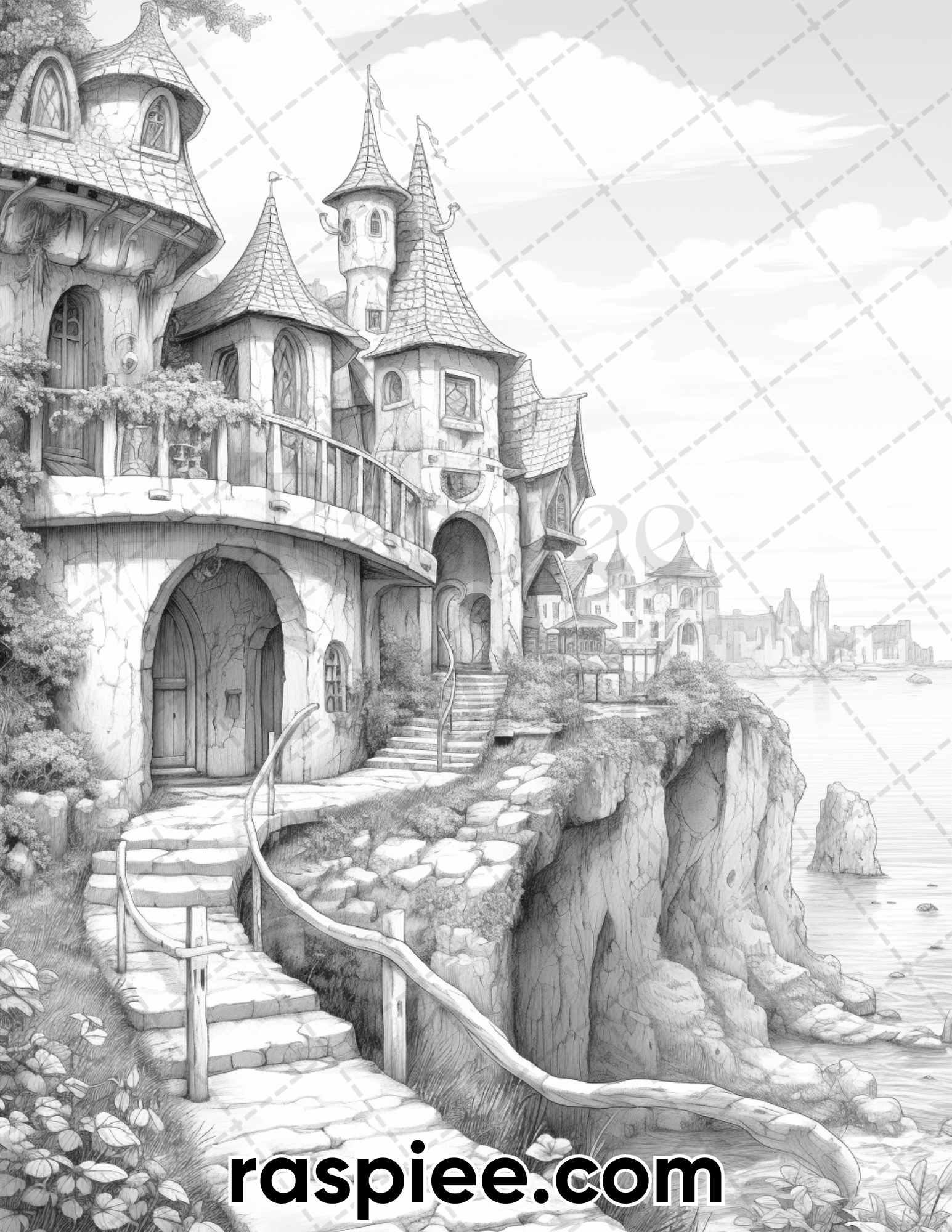 50 Fairy Beach Houses Grayscale Coloring Pages for Adults, Printable PDF Instant Download