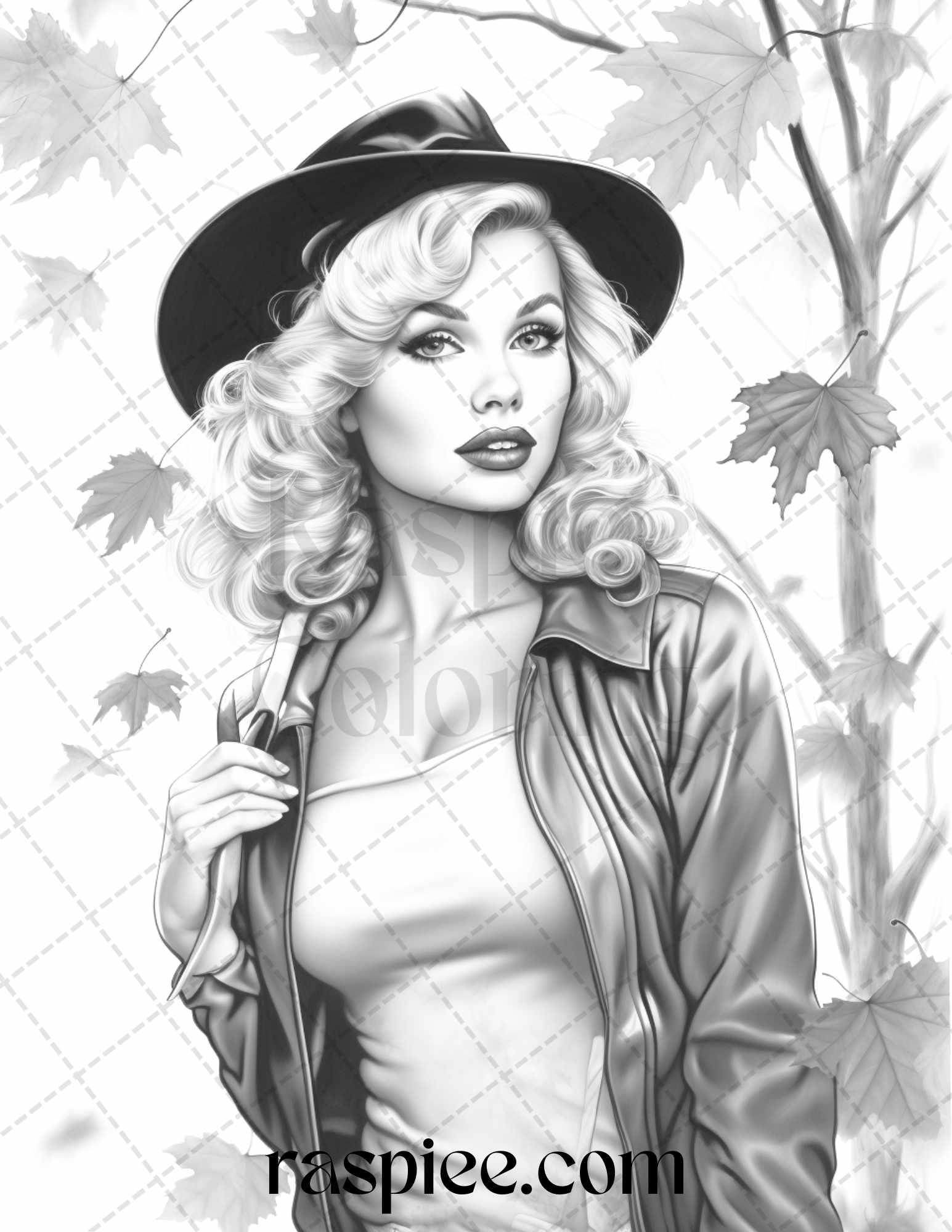 55 Autumn Pin Up Girls Grayscale Coloring Pages Printable for Adults, PDF File Instant Download
