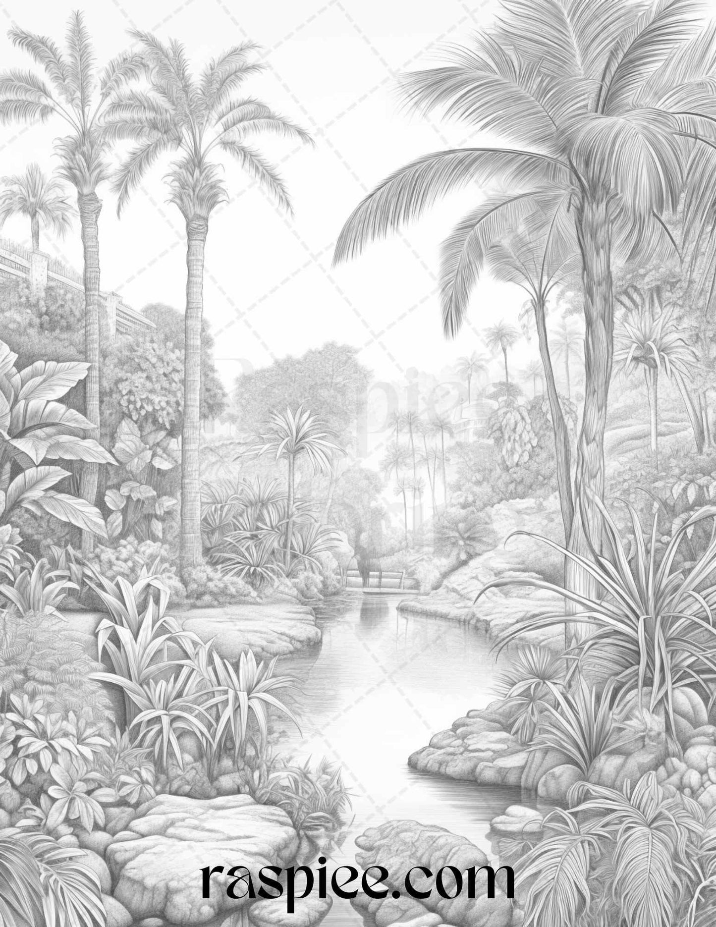 52 Tropical Oasis Grayscale Coloring Pages Printable for Adults, PDF File Instant Download