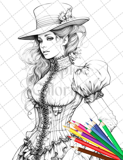 50 Victorian Fashion Grayscale Coloring Pages Printable for Adults, PDF File Instant Download