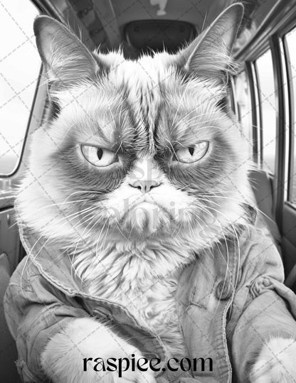 50 Grumpy Cat Grayscale Coloring Pages Printable for Adults, PDF File Instant Download