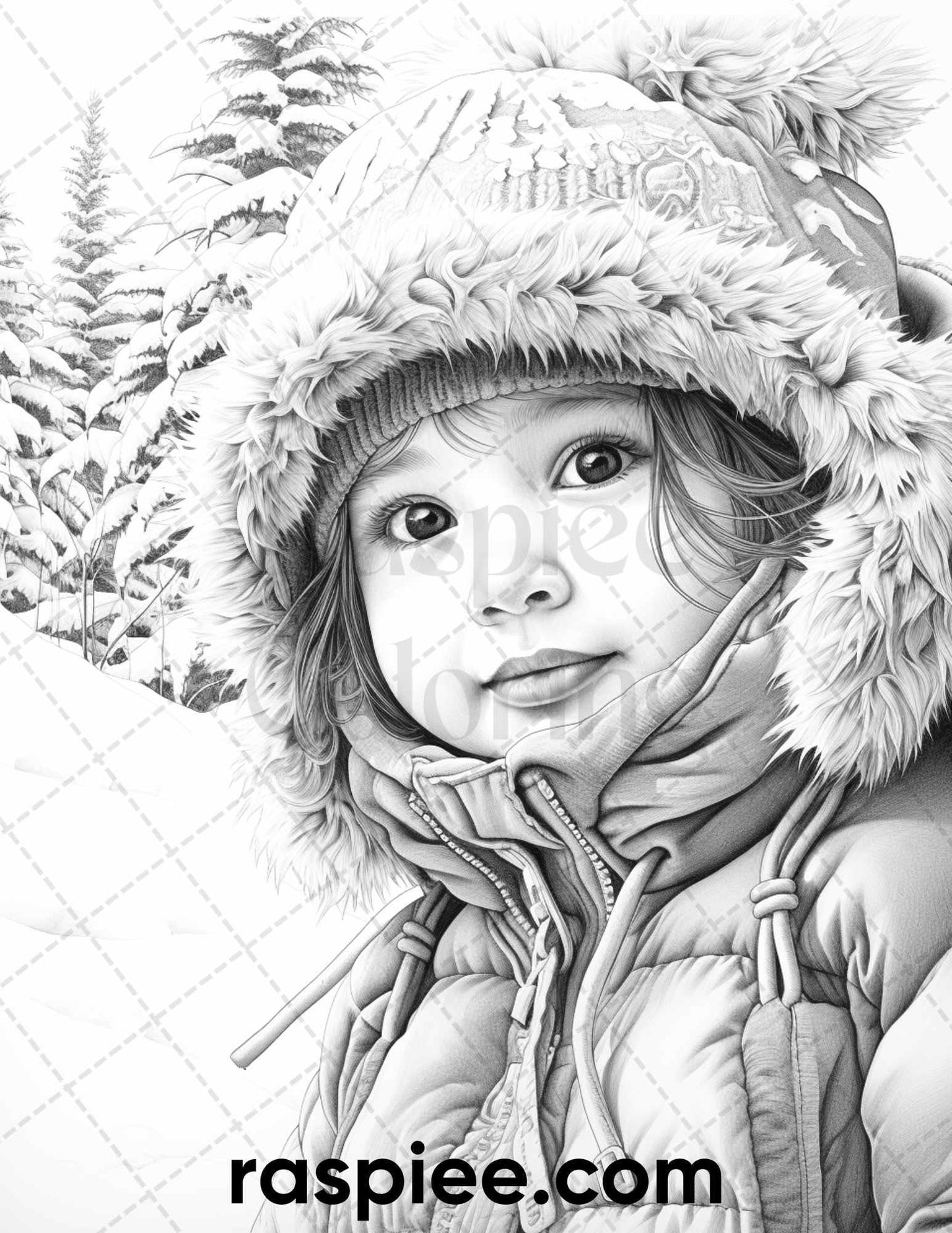 50 Baby Winter Portrait Grayscale Coloring Pages Printable for Adults, PDF File Instant Download