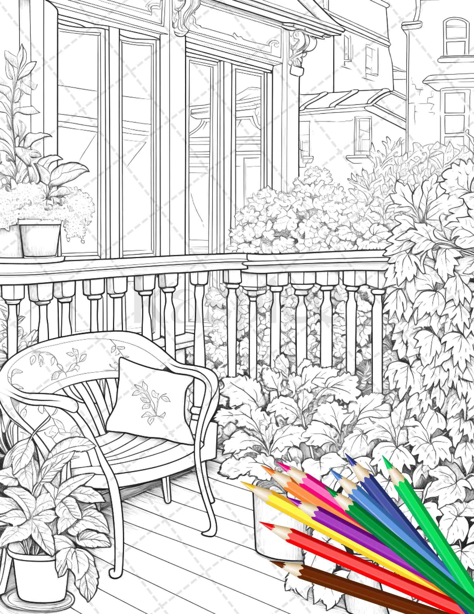 Charming Balcony Garden Grayscale Coloring Pages Printable for Adults, PDF File Instant Download