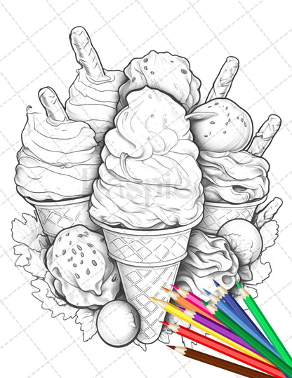52 Printable Ice Cream Desserts Coloring Pages for Adults and Kids, Grayscale Coloring Page, PDF File Instant Download