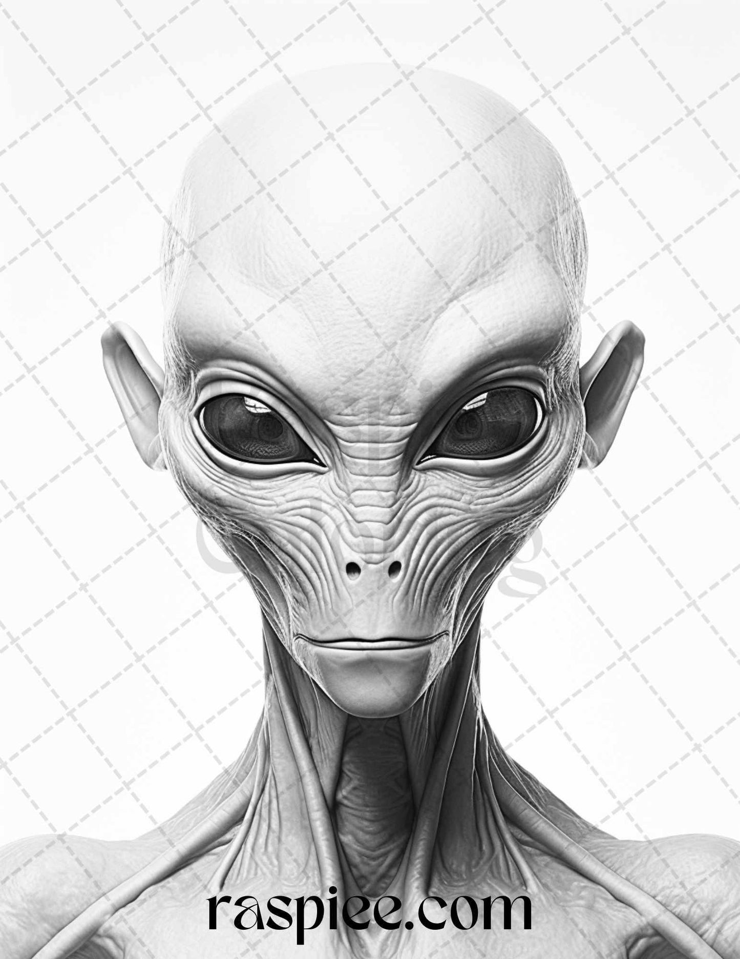 65 Alien Portrait Grayscale Coloring Pages for Adults, Printable PDF File Instant Download