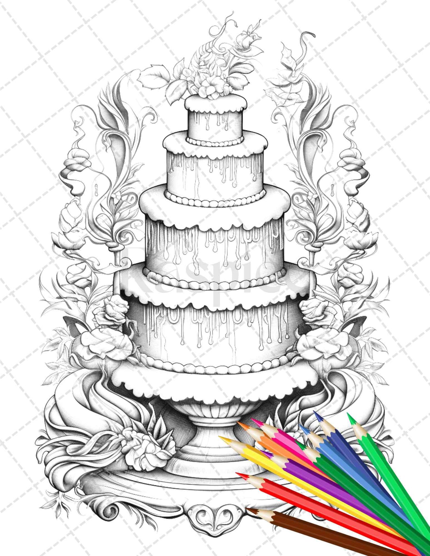 38 Whimsical Cakes Grayscale Coloring Pages for Adults, PDF File Instant Download