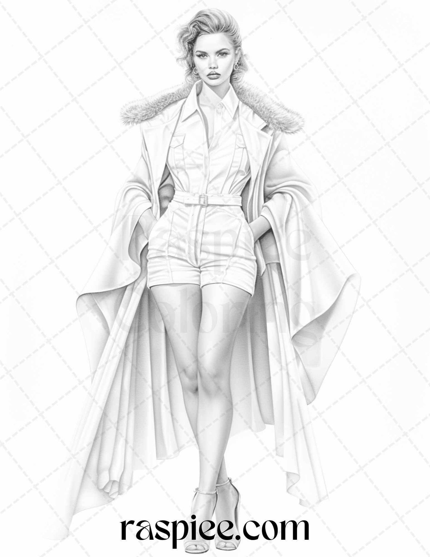 Fashion Show Grayscale Coloring Pages Printable for Adults, PDF File Instant Download