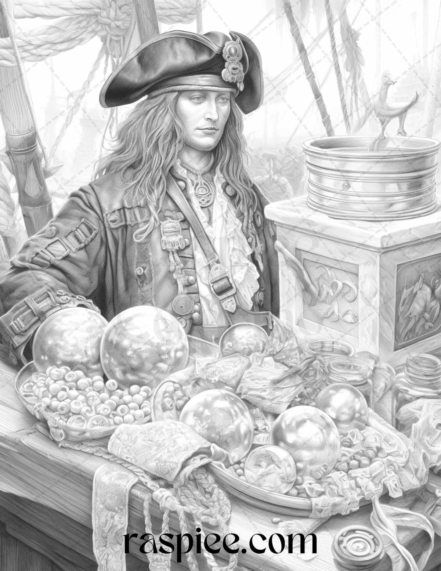 60 Pirate Life Grayscale Coloring Pages Printable for Adults, Stress Relief Coloring, PDF File Instant Download
