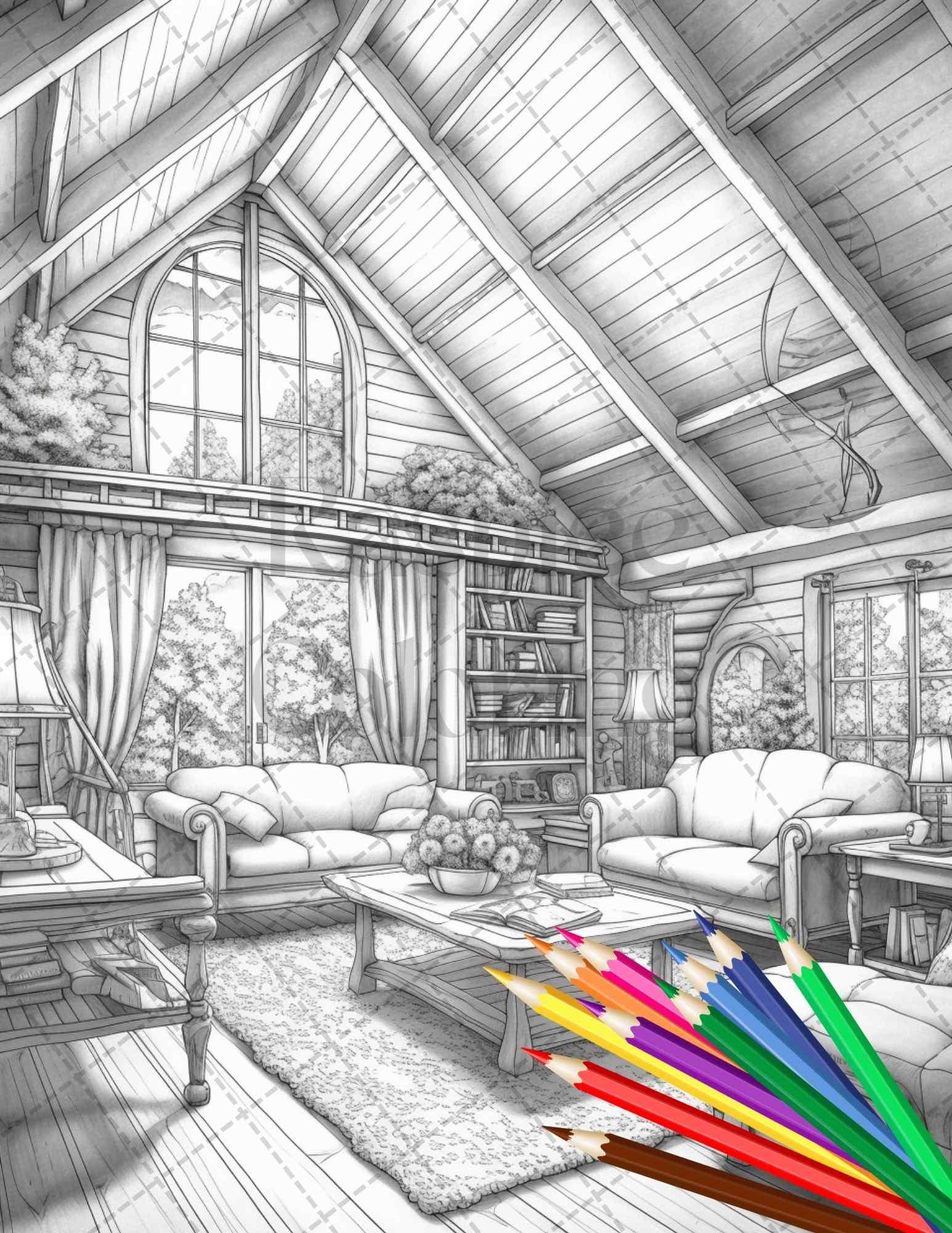 Cozy Cabin Interior Grayscale Coloring Pages Printable for Adults, PDF File Instant Download