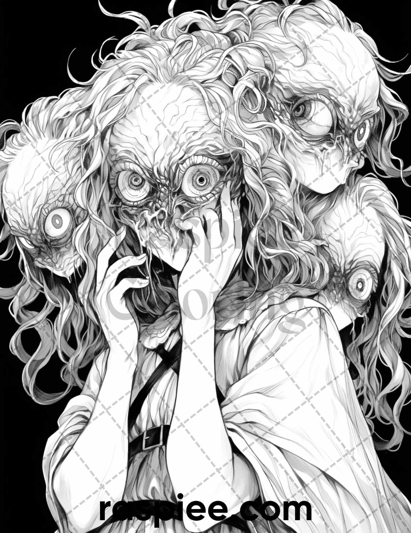 60 Horror Beauties Grayscale Coloring Pages Printable for Adults, PDF File Instant Download