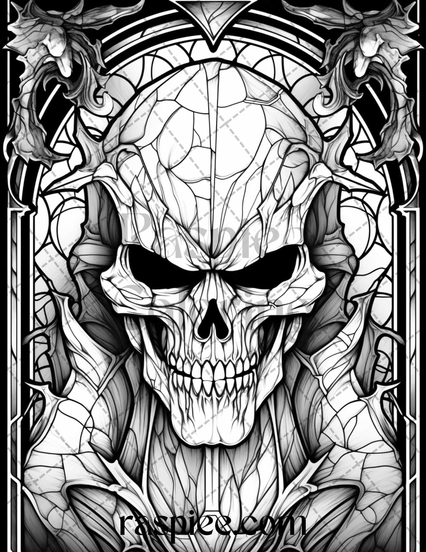 70 Halloween Stained Glass Grayscale Coloring Pages Printable for Adults, PDF File Instant Download