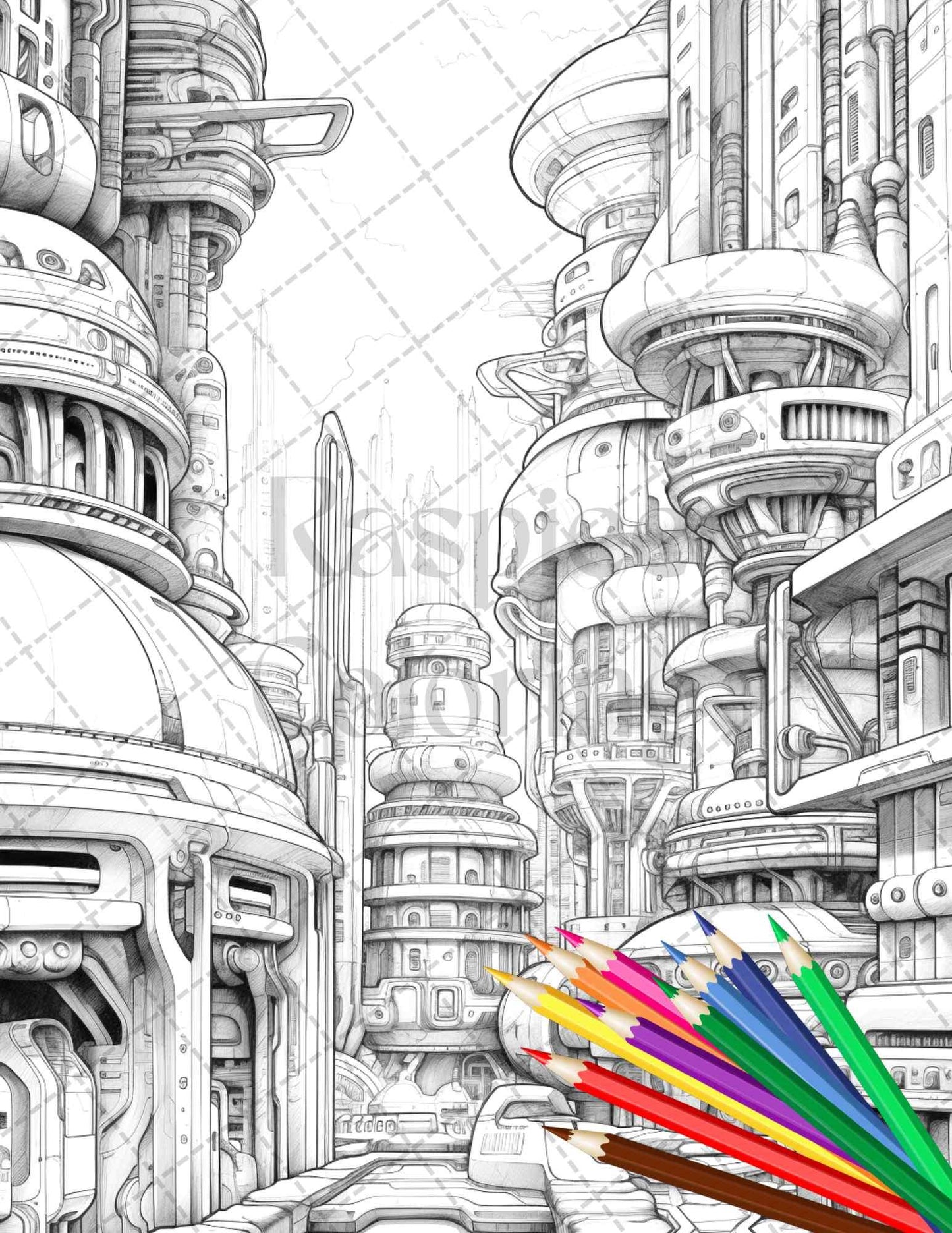 50 Futuristic Metropolis Grayscale Coloring Pages Printable for Adults, PDF File Instant Download