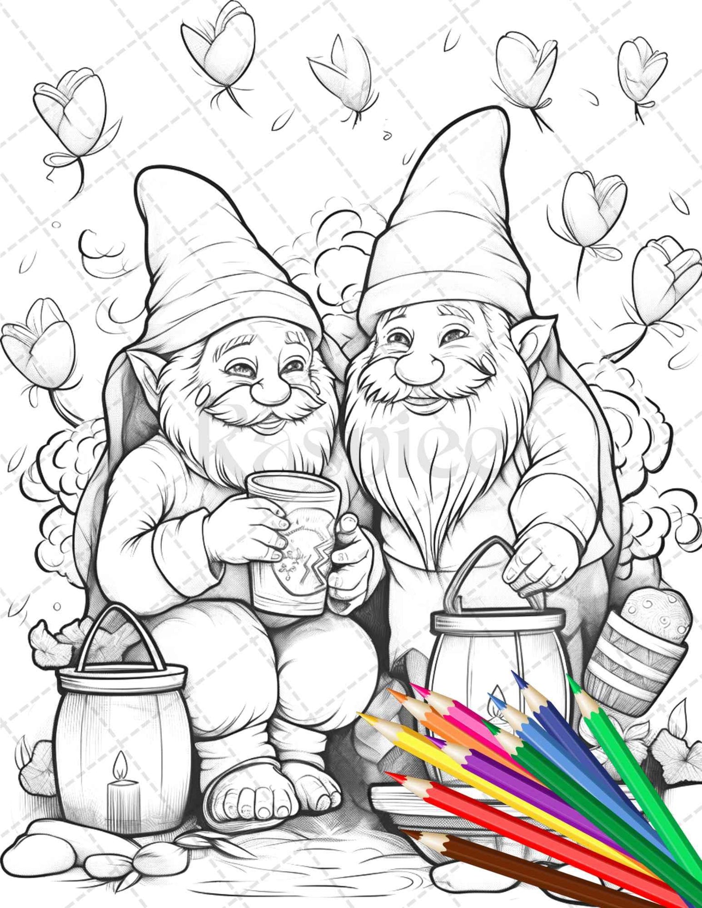 33 Gnome Love Coloring Pages Printable for Adults, Grayscale Coloring Page, PDF File Instant Download