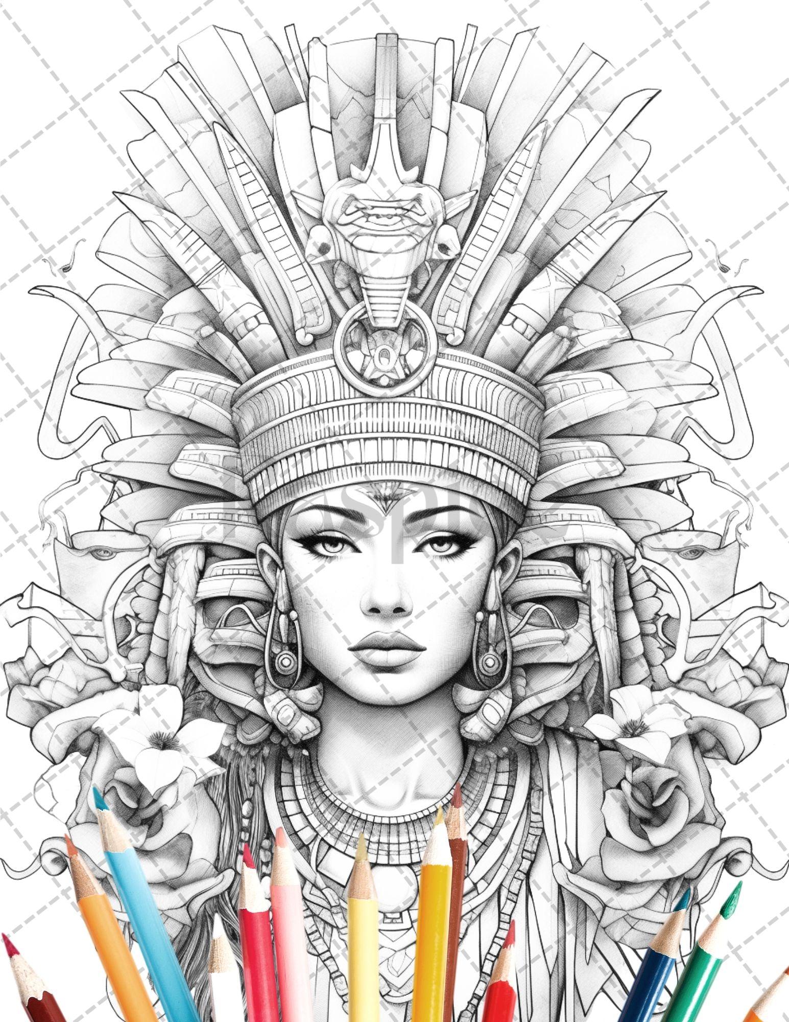 35 Ancient Egyptian Queens Coloring Book Printable for Adults, Grayscale Coloring Page, PDF File Instant Download