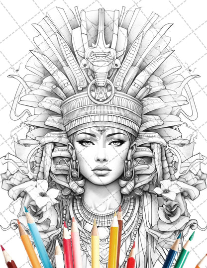 35 Ancient Egyptian Queens Coloring Book Printable for Adults, Grayscale Coloring Page, PDF File Instant Download