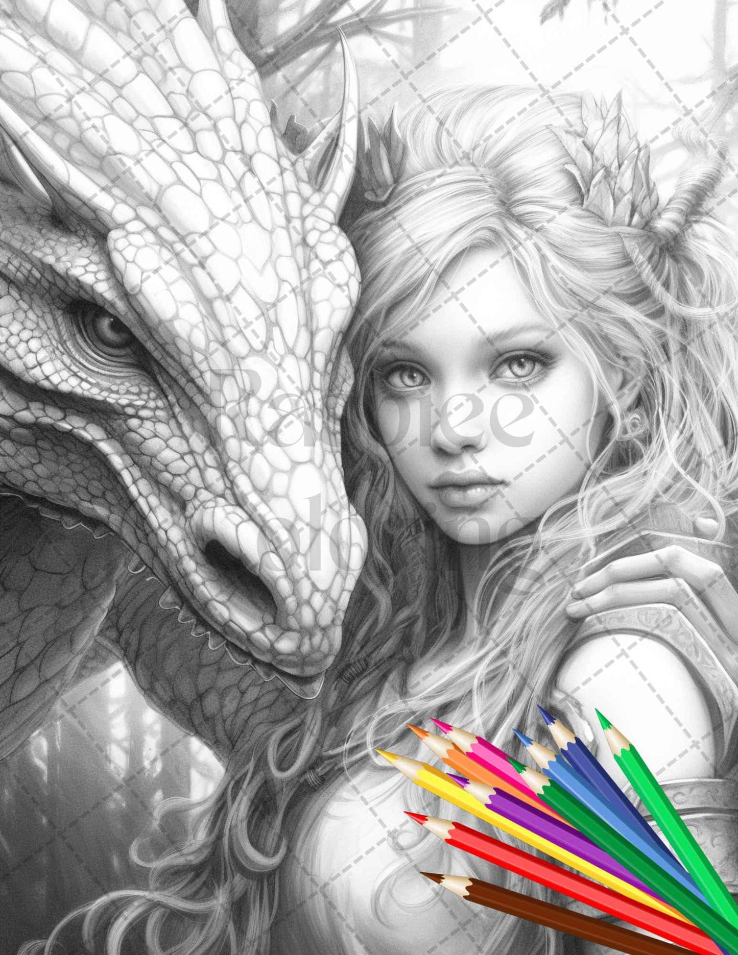 Enchanted Dragon Queens Grayscale Coloring Pages Printable for Adults, PDF File Instant Download