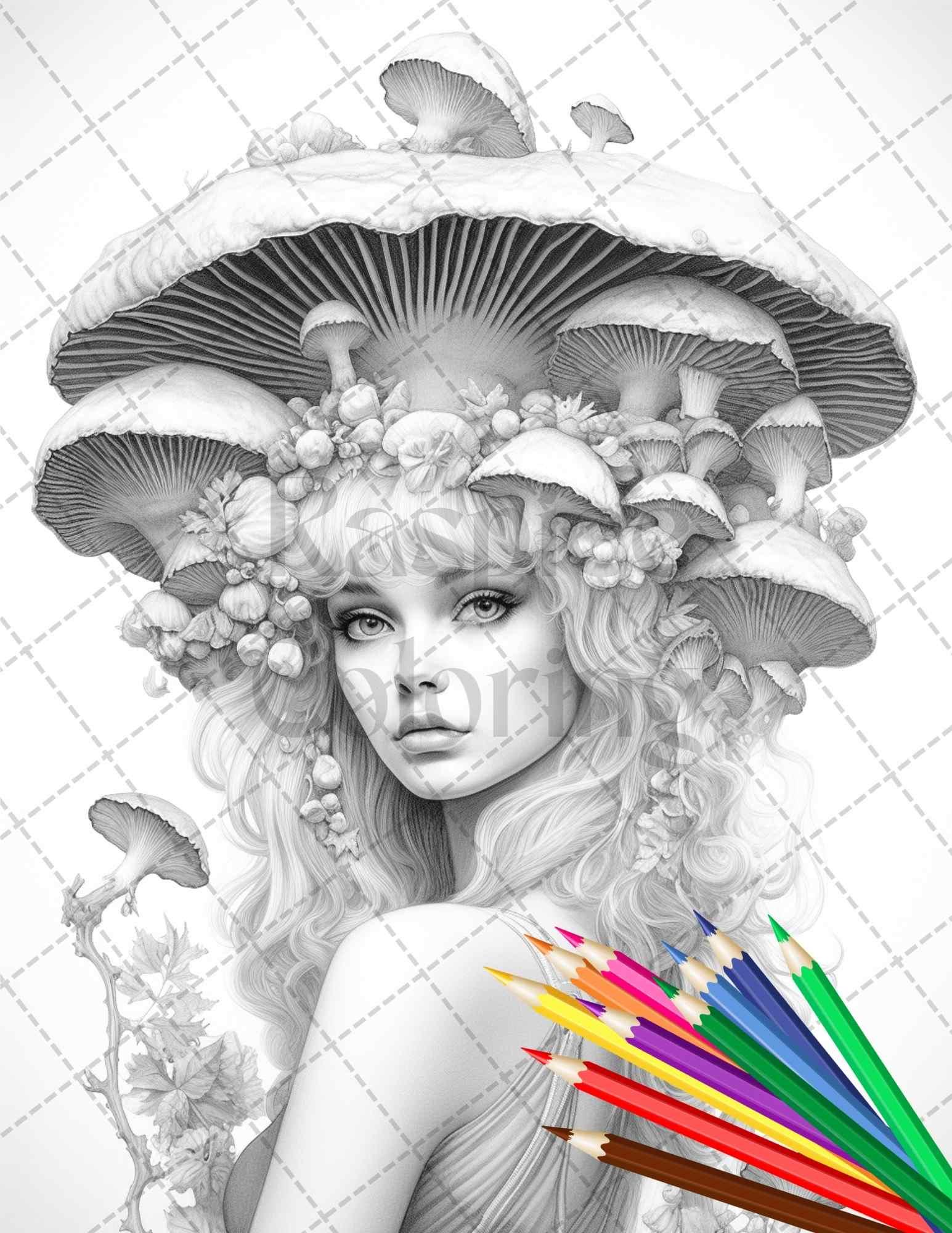 50 Mushroom Fairy Grayscale Coloring Pages Printable for Adults, PDF File Instant Download
