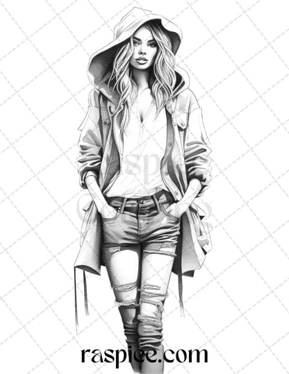 50 Streetwear Fashion Grayscale Coloring Pages Printable for Adults, PDF File Instant Download