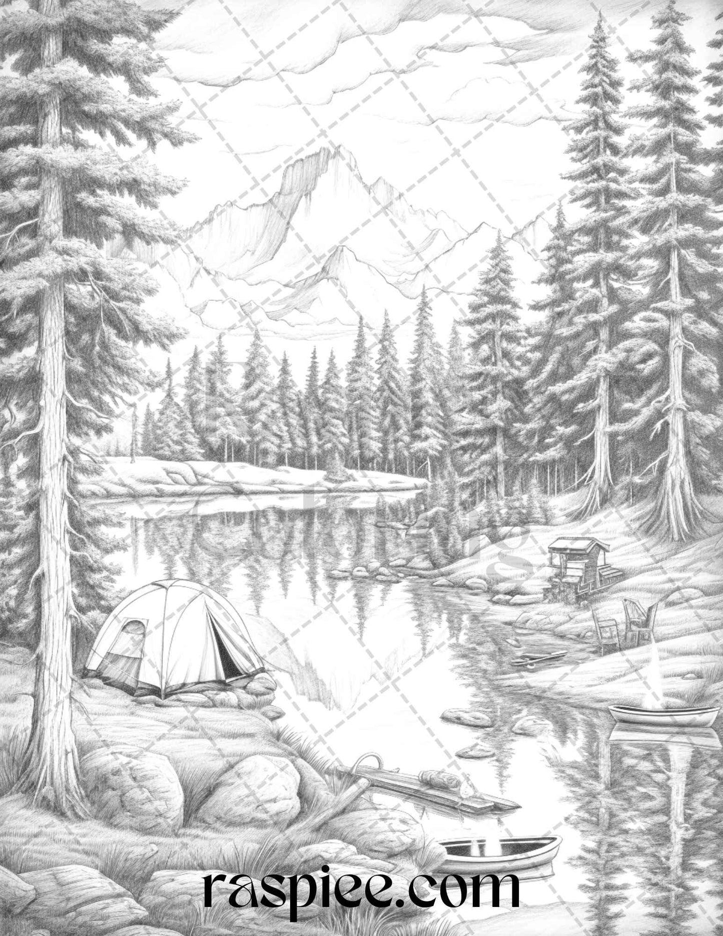 Nature Camping Grayscale Coloring Pages Printable, Relaxing Outdoor Scenes, PDF File Instant Download