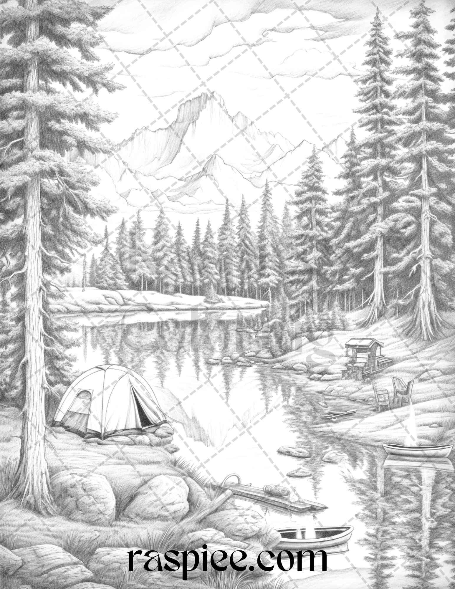 Nature Camping Grayscale Coloring Pages Printable, Relaxing Outdoor Scenes, PDF File Instant Download