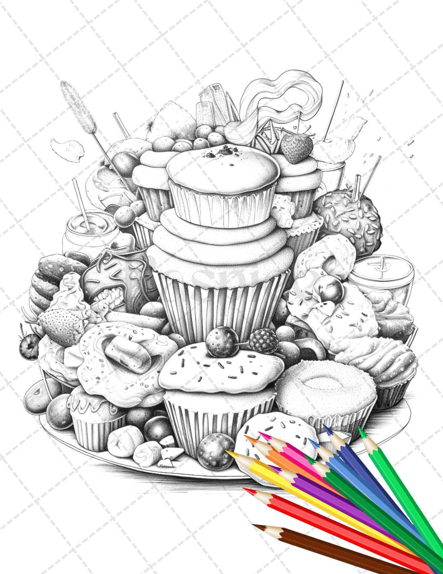 36 Sweet Desserts Coloring Pages Printable for Adults, Grayscale Coloring Page, PDF File Instant Download