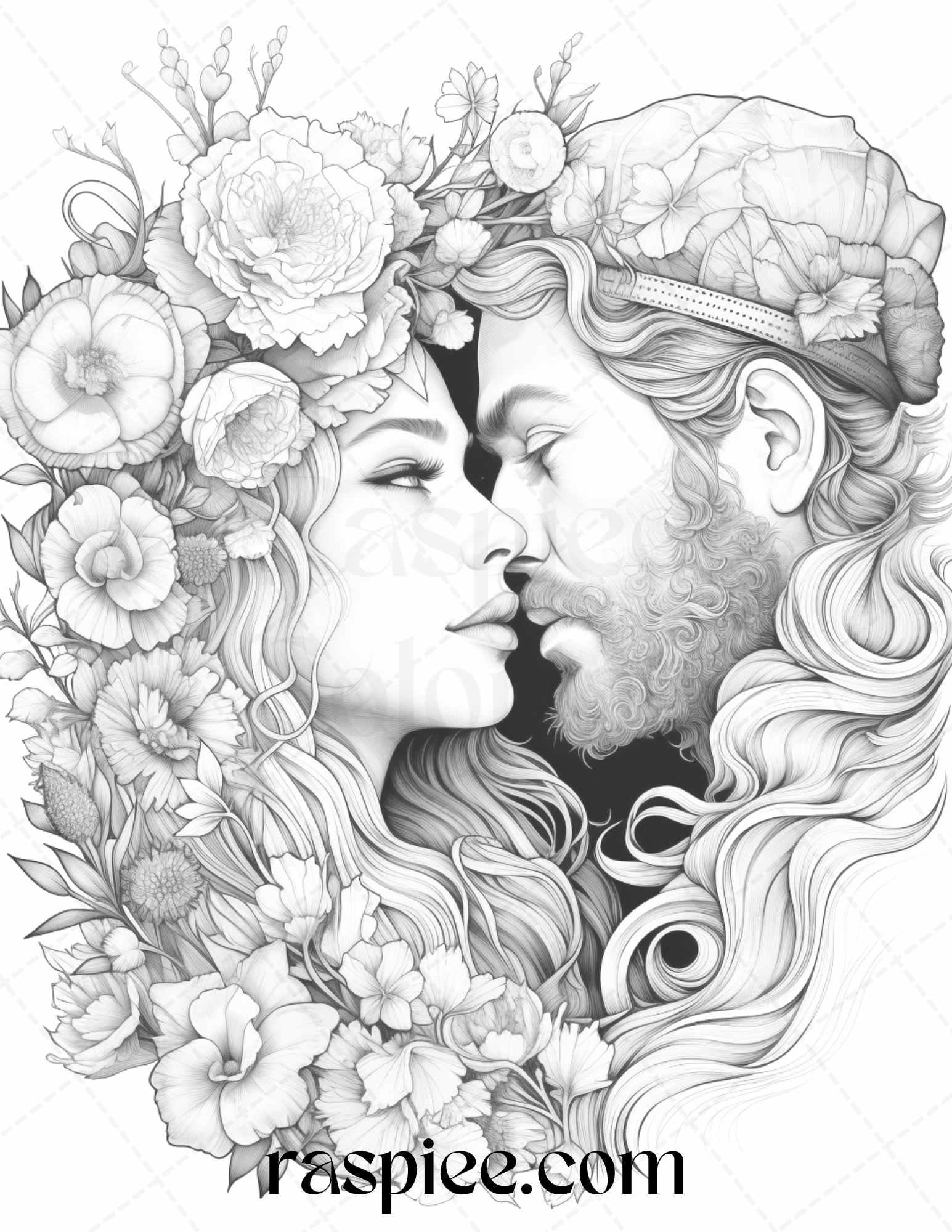 50 Romantic Couple Flowers Grayscale Coloring Pages Printable for Adults, PDF File Instant Download