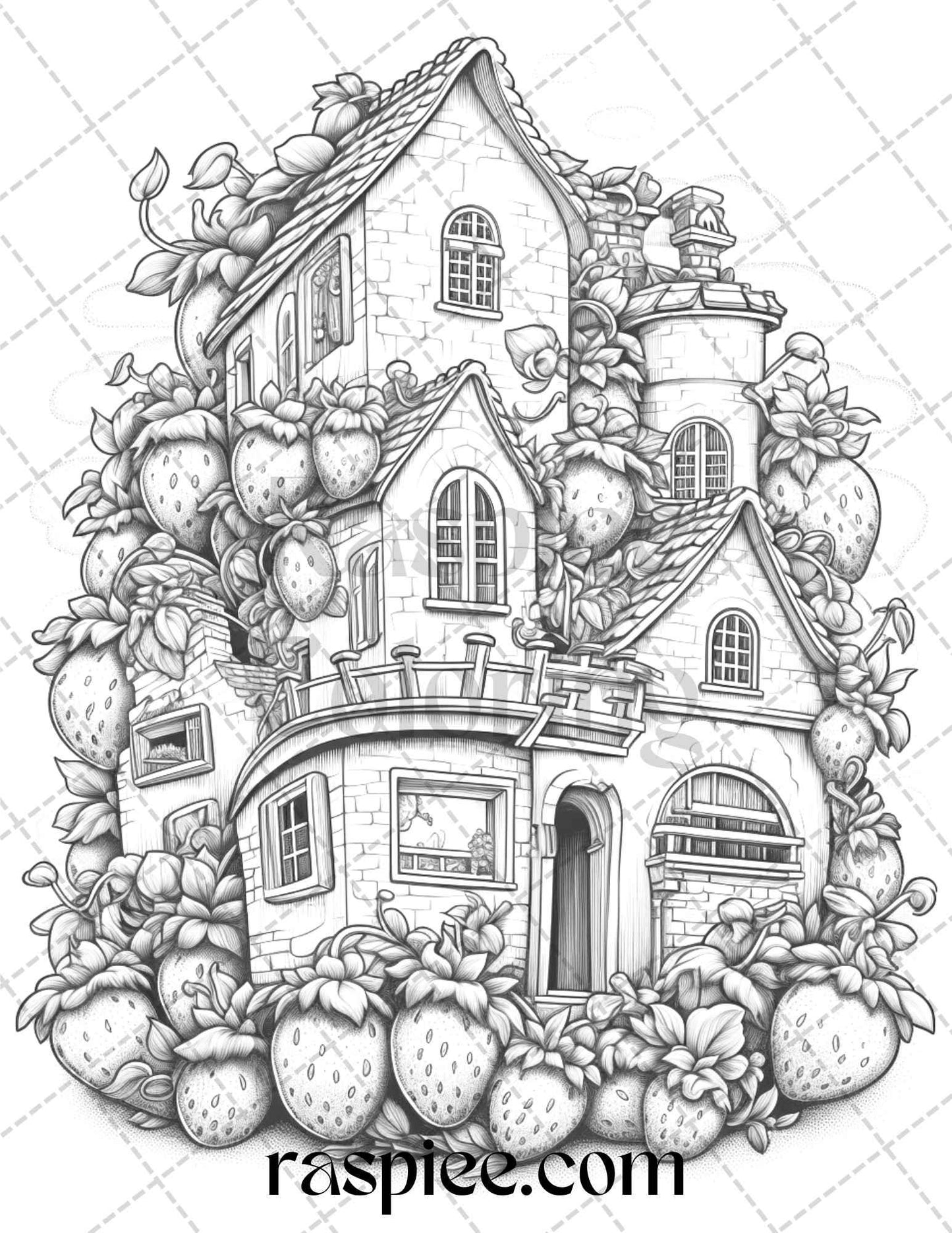 50 Strawberry Houses Grayscale Coloring Pages Printable for Adults Kids, PDF File Instant Download