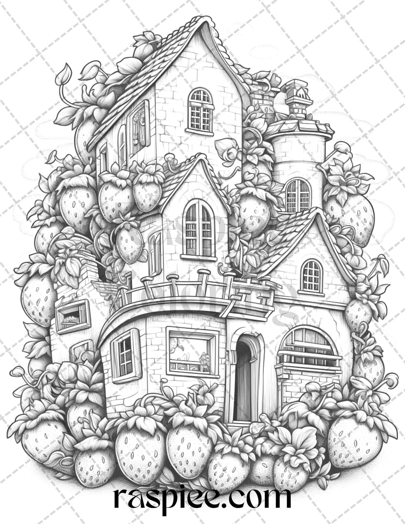 50 Strawberry Houses Grayscale Coloring Pages Printable for Adults Kids, PDF File Instant Download
