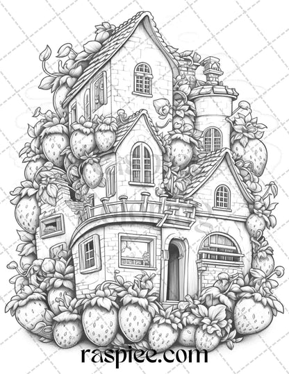 50 Strawberry Houses Grayscale Coloring Pages Printable for Adults Kids, PDF File Instant Download