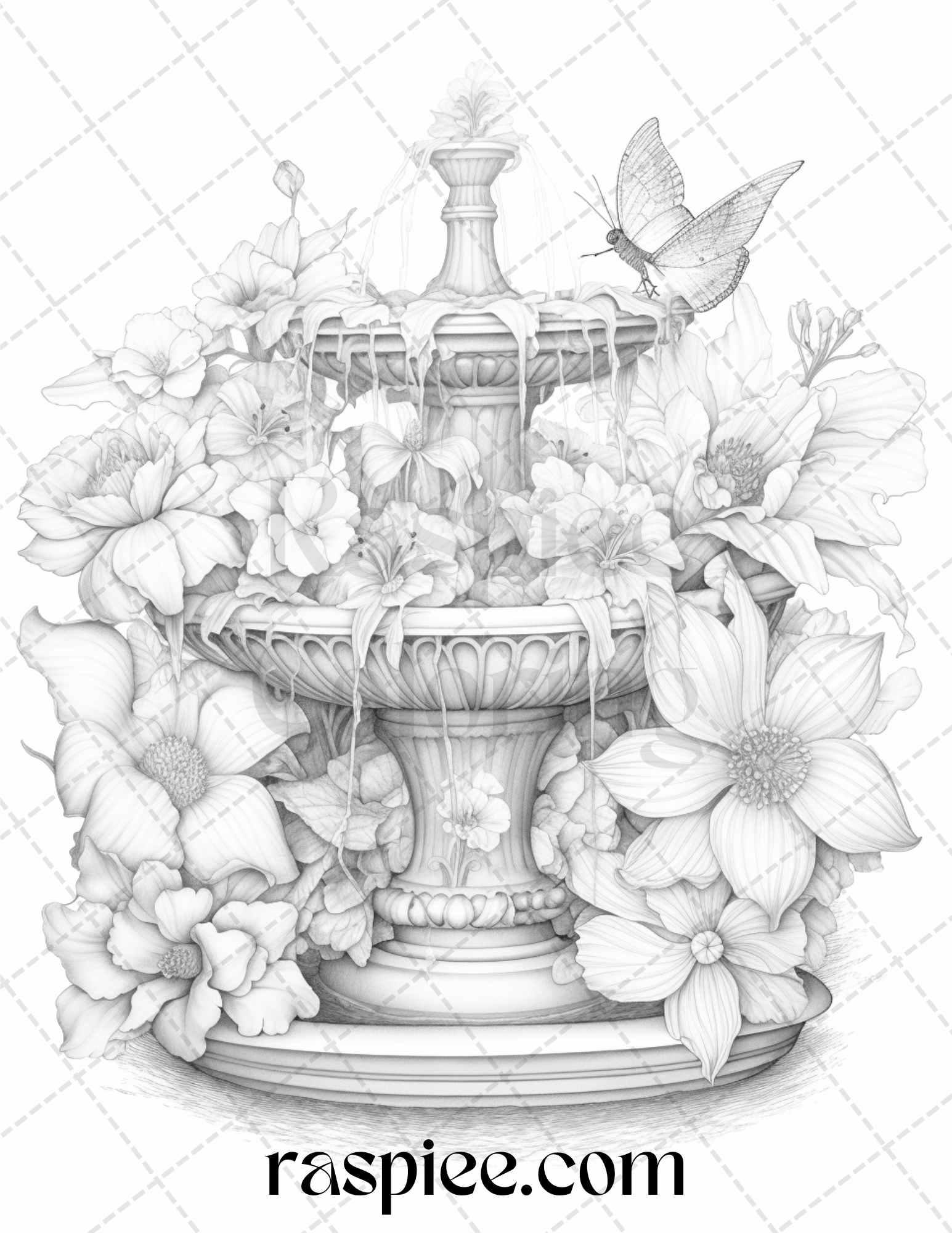 32 Blooming Fountains Grayscale Coloring Pages Printable for Adults, PDF File Instant Download