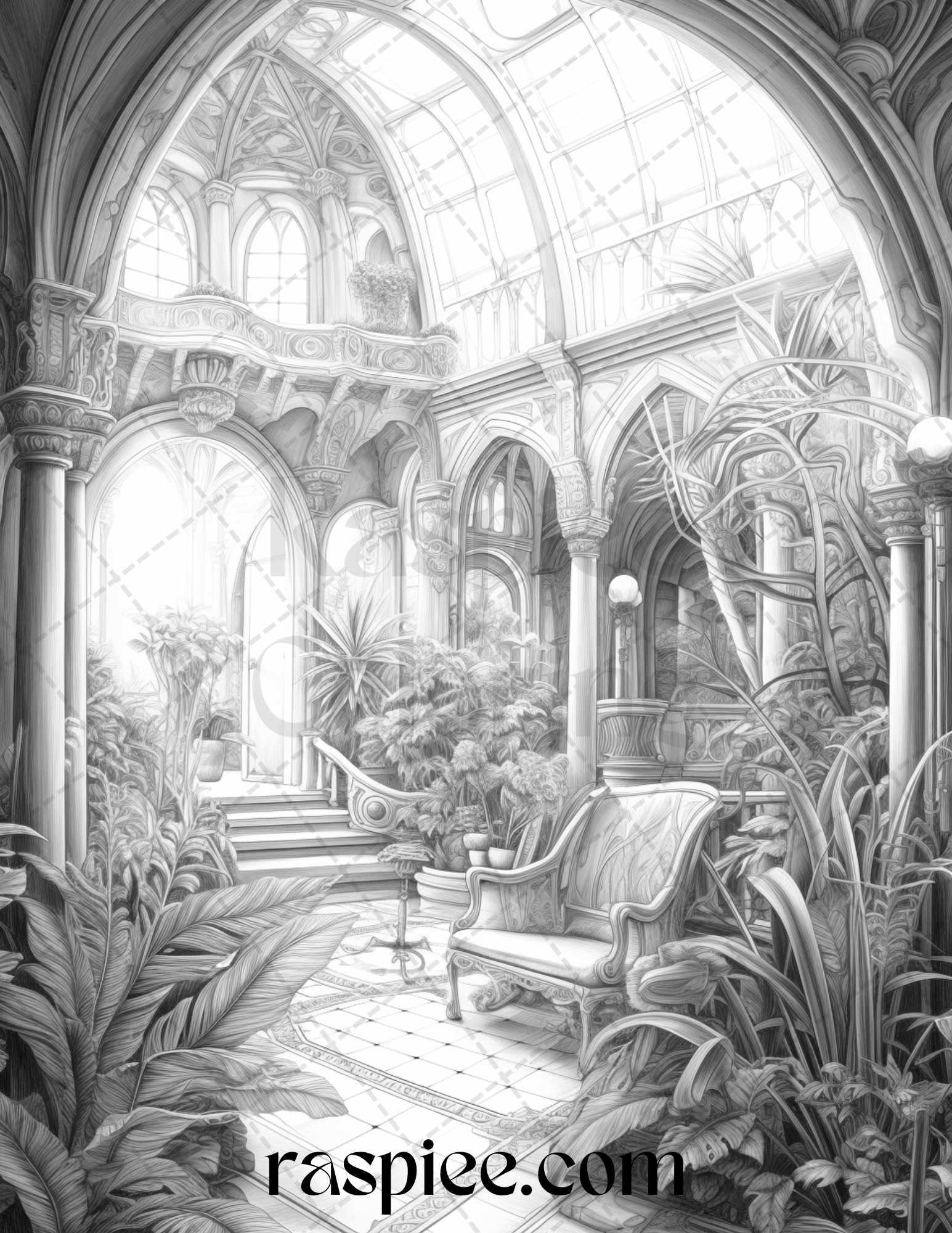 Fantasy Interior Grayscale Coloring Pages for Adults, Printable PDF File Instant Download