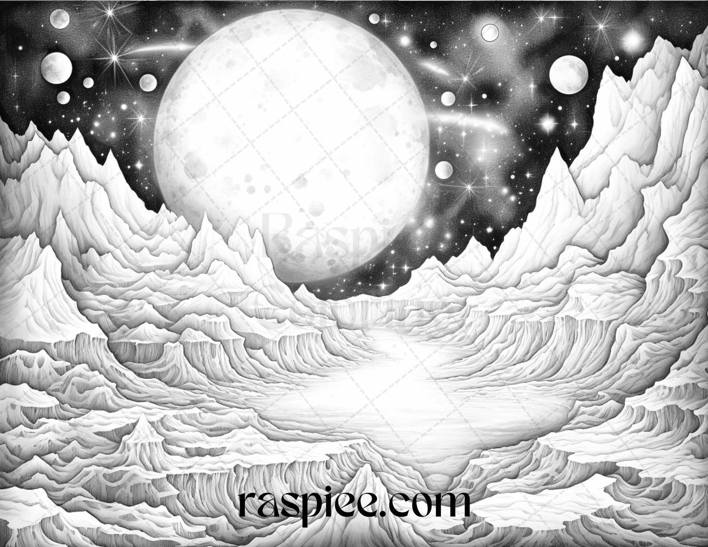 55 Celestial Landscapes Grayscale Coloring Pages Printable for Adults, PDF File Instant Download