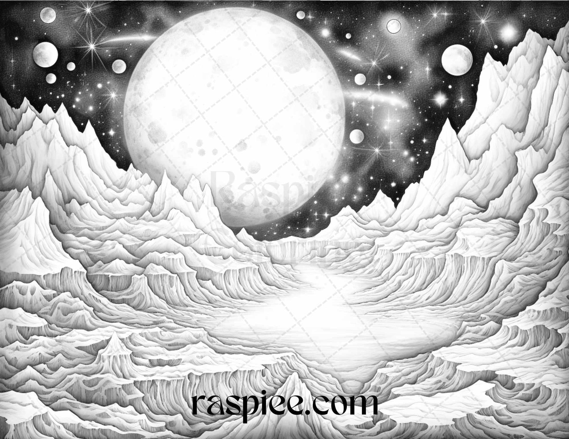 55 Celestial Landscapes Grayscale Coloring Pages Printable for Adults, PDF File Instant Download