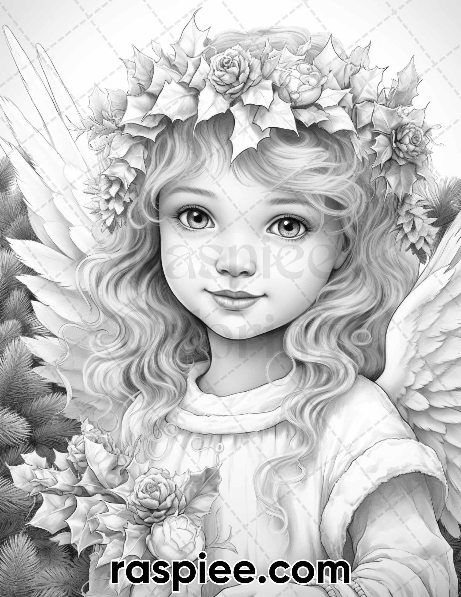 55 Christmas Angel Grayscale Coloring Pages for Adults, Printable PDF Instant Download