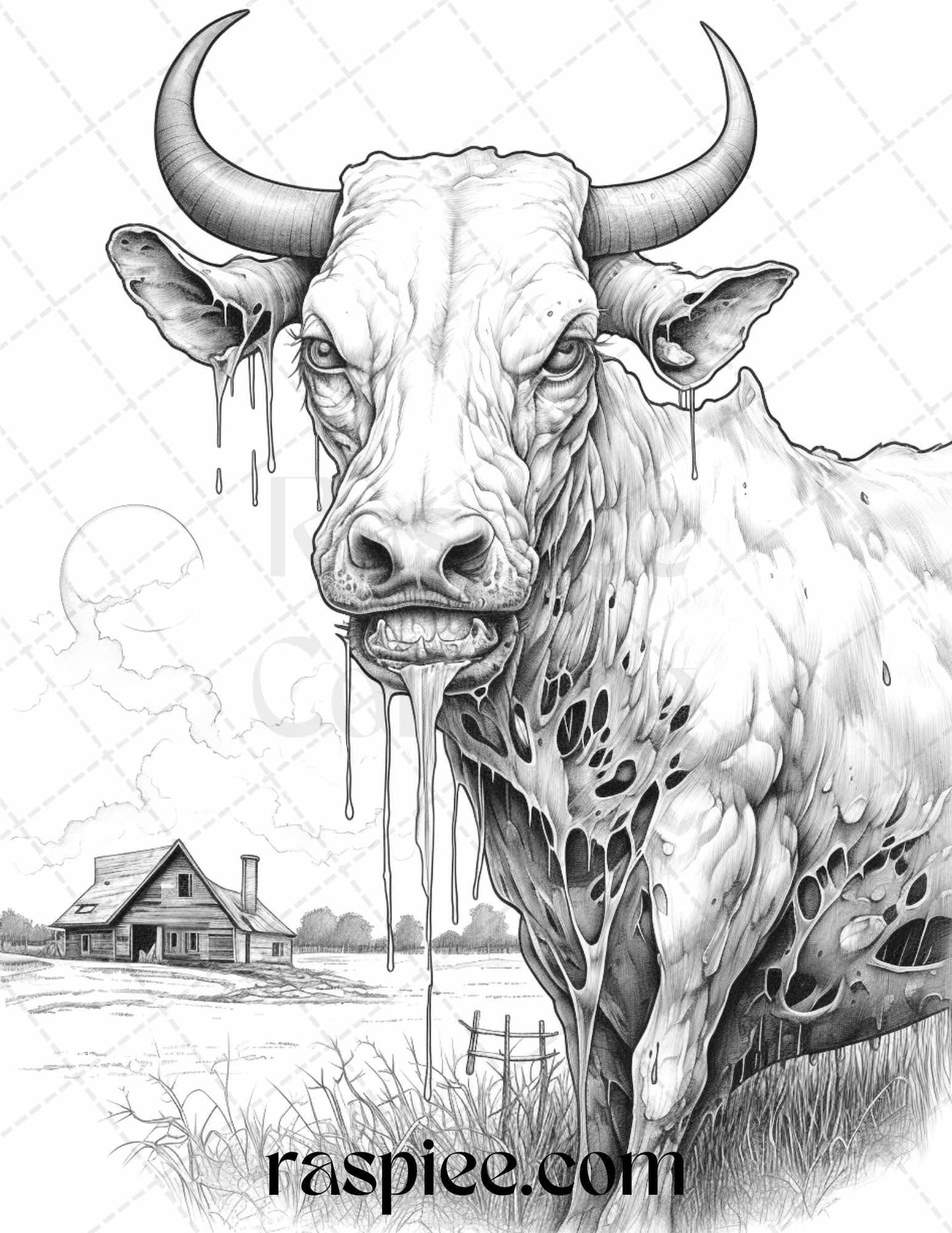 66 Horror Zombie Animals Grayscale Coloring Pages Printable for Adults, PDF File Instant Download