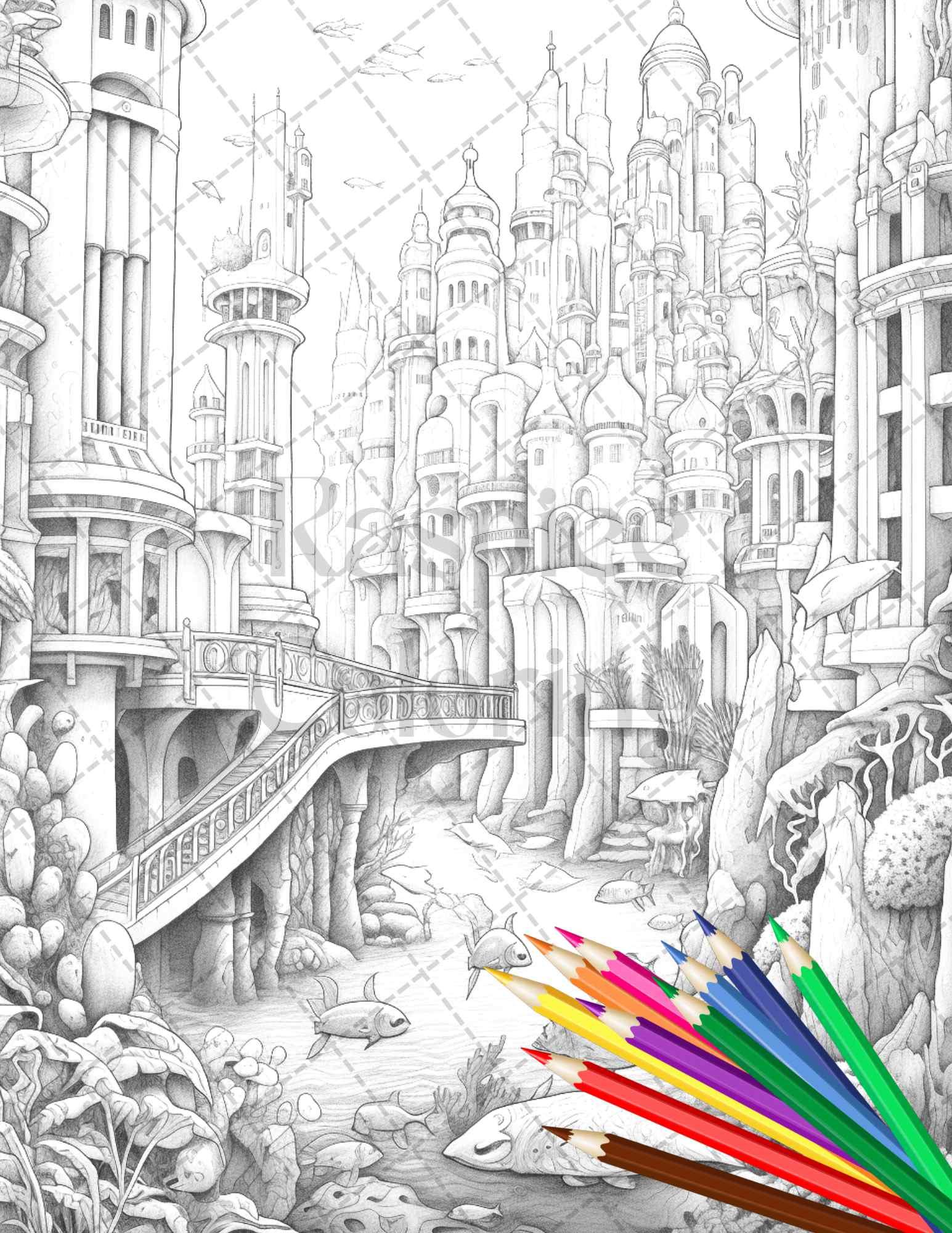 Enchanted Underwater City Grayscale Coloring Pages Printable for Adults, PDF File Instant Download