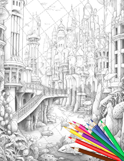 Enchanted Underwater City Grayscale Coloring Pages Printable for Adults, PDF File Instant Download