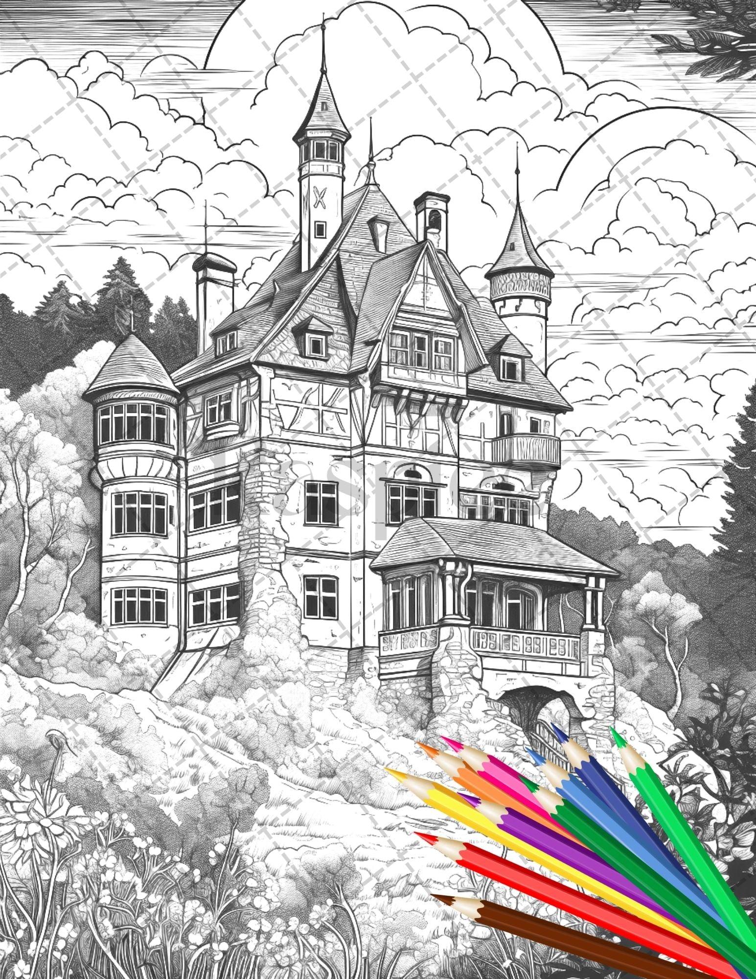 122 Fantasy Castles Coloring Book for Adults, Grayscale Coloring Page, Printable PDF Instant Download