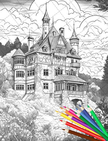 122 Fantasy Castles Coloring Book for Adults, Grayscale Coloring Page, Printable PDF Instant Download