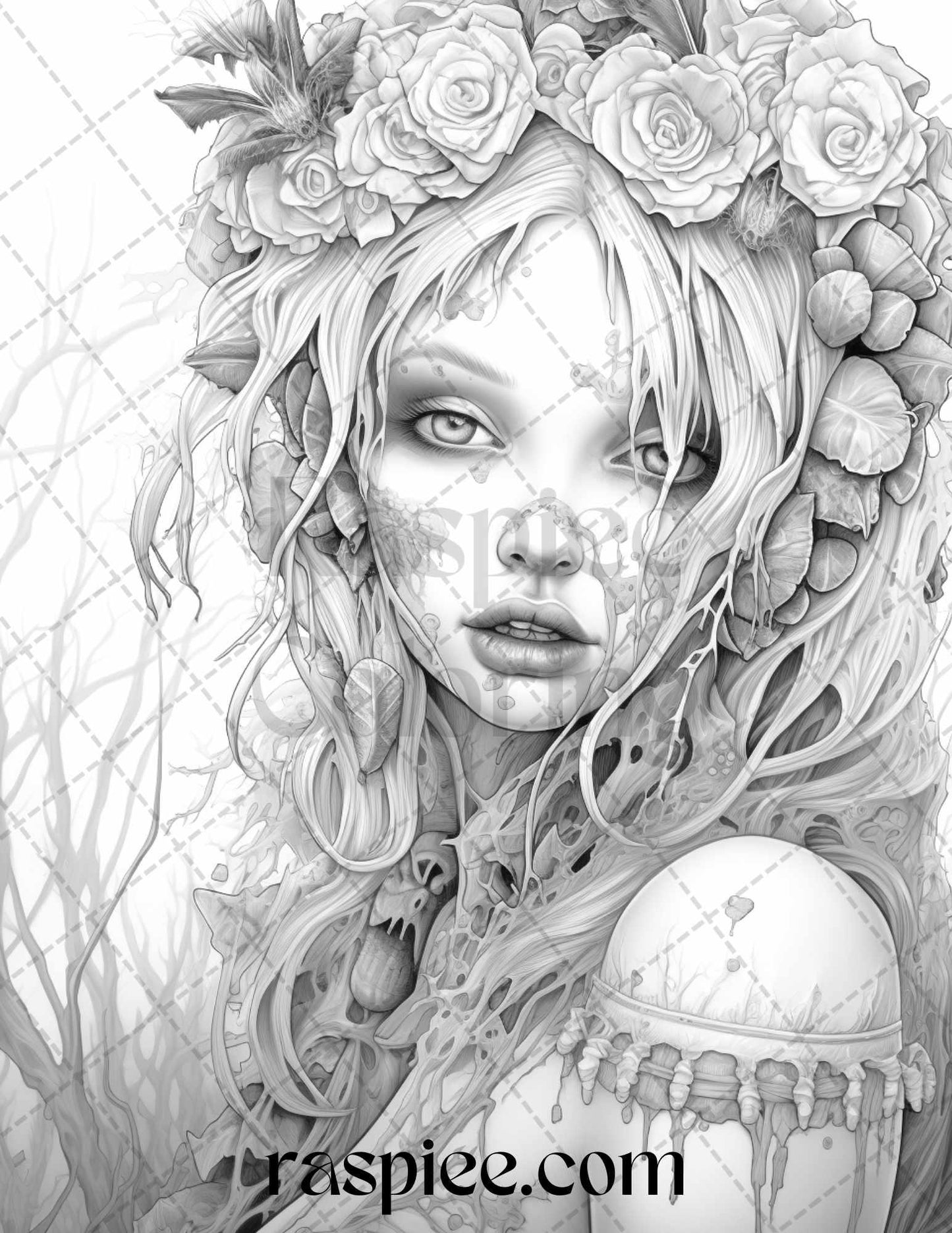 60 Halloween Zombie Fairy Grayscale Coloring Pages Printable for Adults, PDF File Instant Download