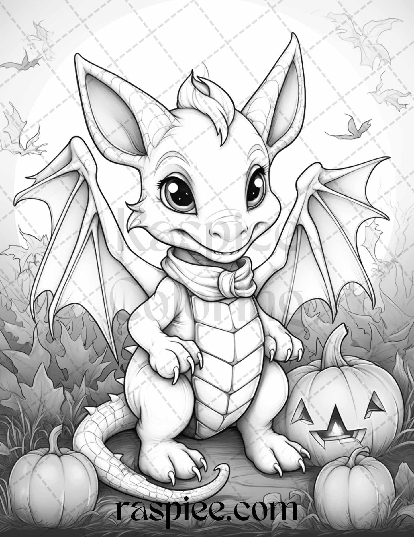 50 Cute Pumpkin Dragons Graycale Coloring Pages for Adults and Kids, Printable PDF File Instant Download