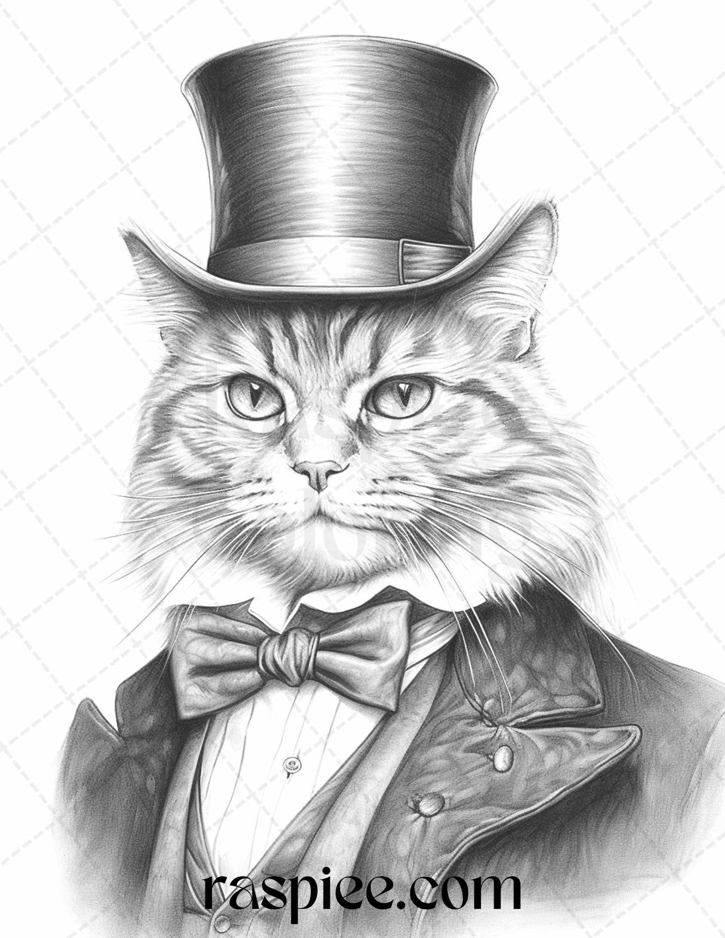 Gentleman Cat Grayscale Coloring Pages Printable for Adults Kids, PDF File Instant Download