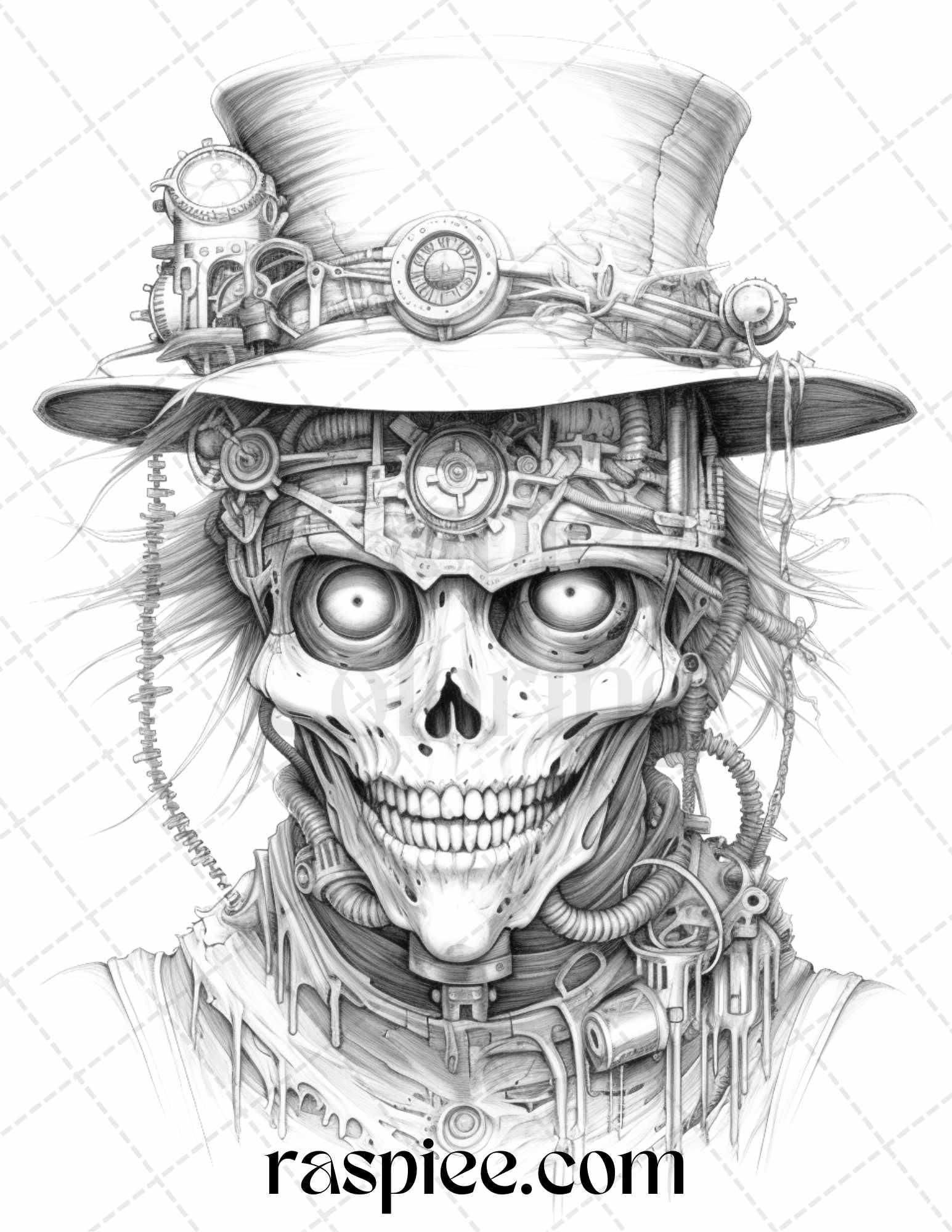 53 Scary Steampunk Scarecrows Grayscale Coloring Pages Printable for Adults, PDF File Instant Download