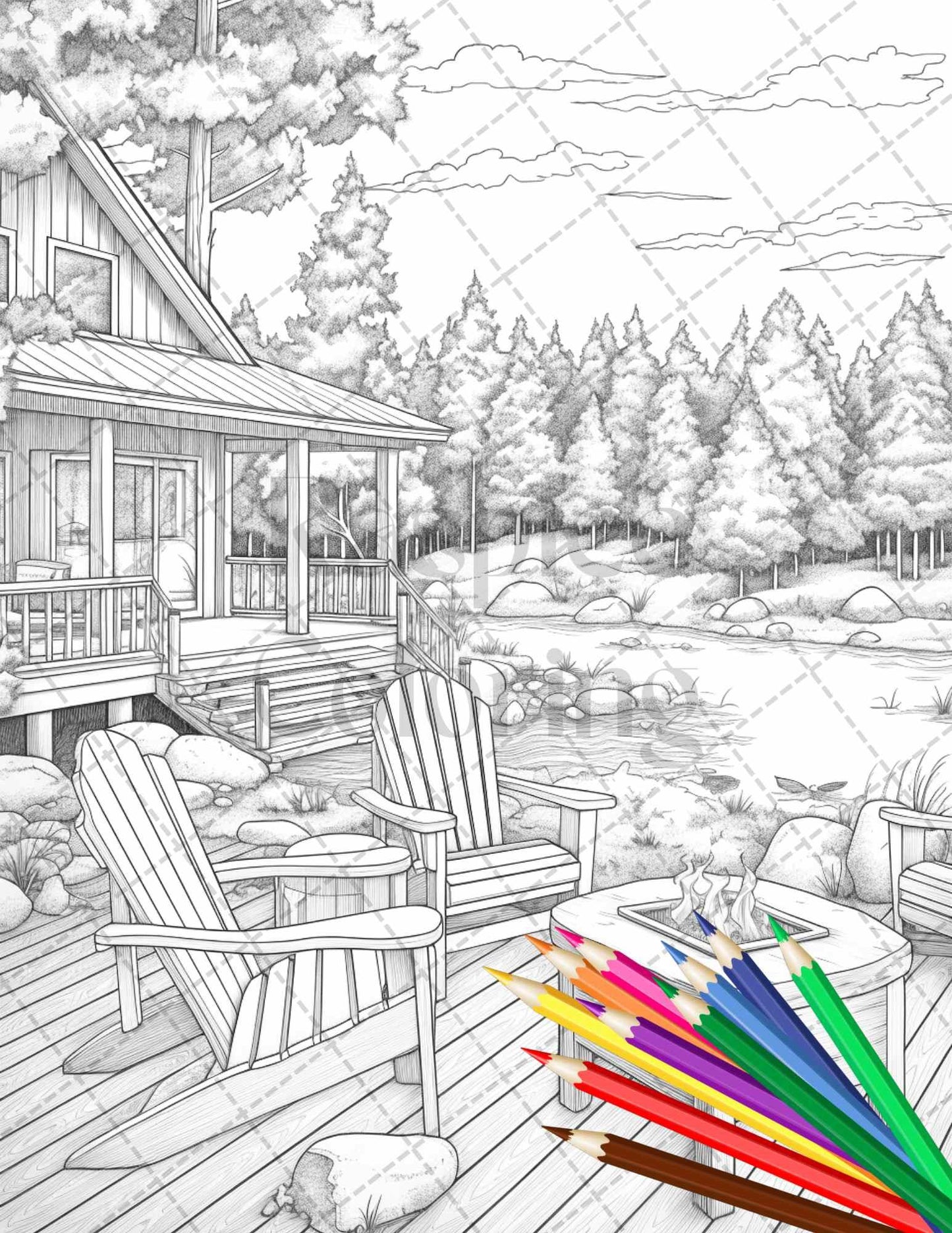 Lake Cabin Scenery Grayscale Coloring Pages Printable for Adults, PDF File Instant Download