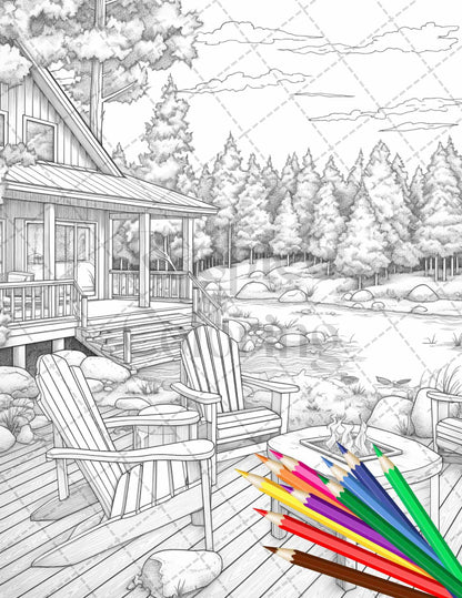 Lake Cabin Scenery Grayscale Coloring Pages Printable for Adults, PDF File Instant Download