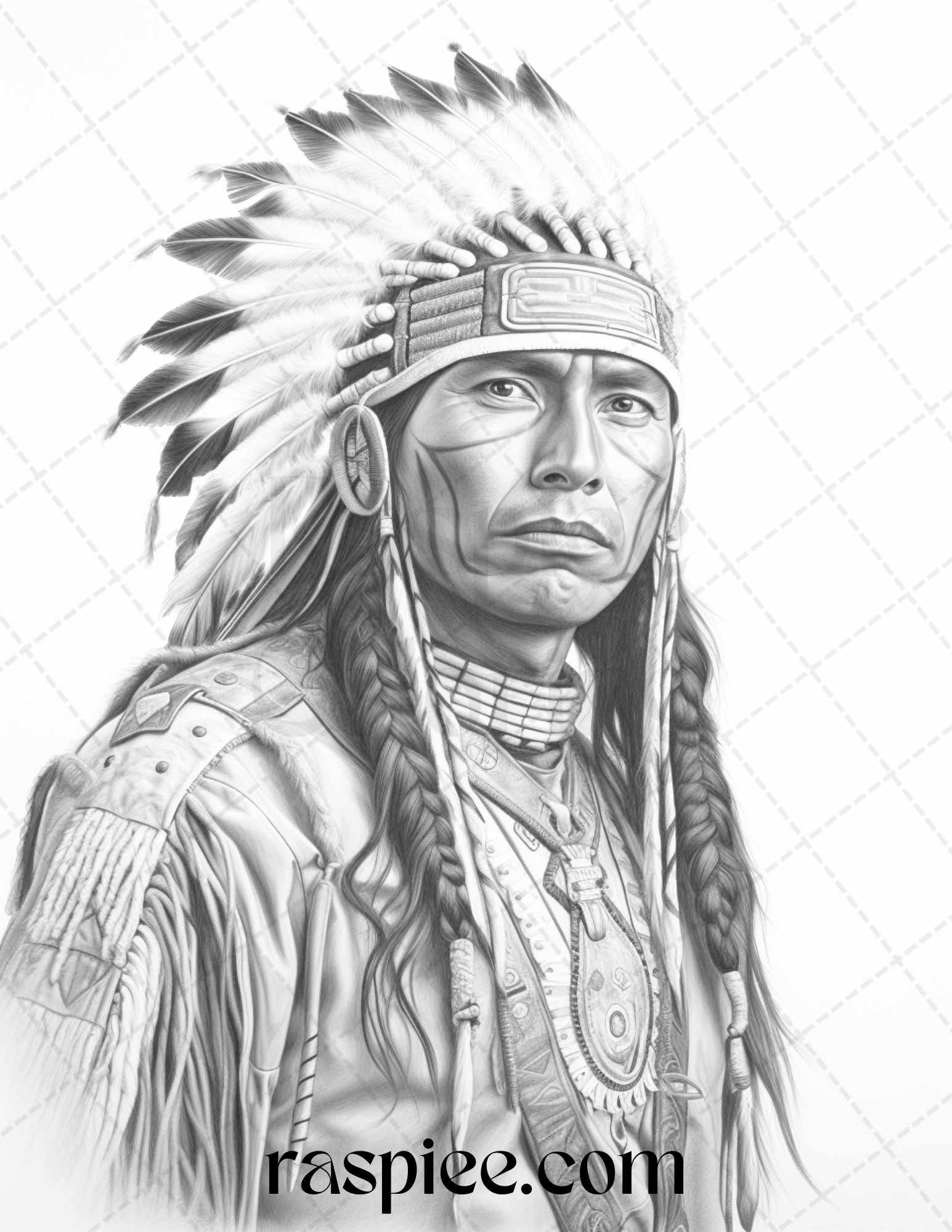 Native American Portrait Grayscale Coloring Pages Printable for Adults, PDF File Instant Download
