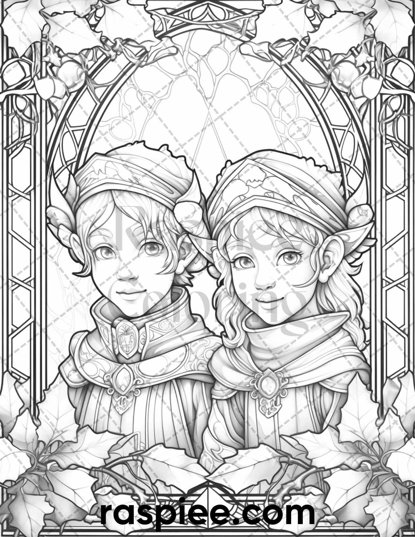 50 Christmas Stained Glass Grayscale Coloring Pages for Adults, Printable PDF File Instant Download