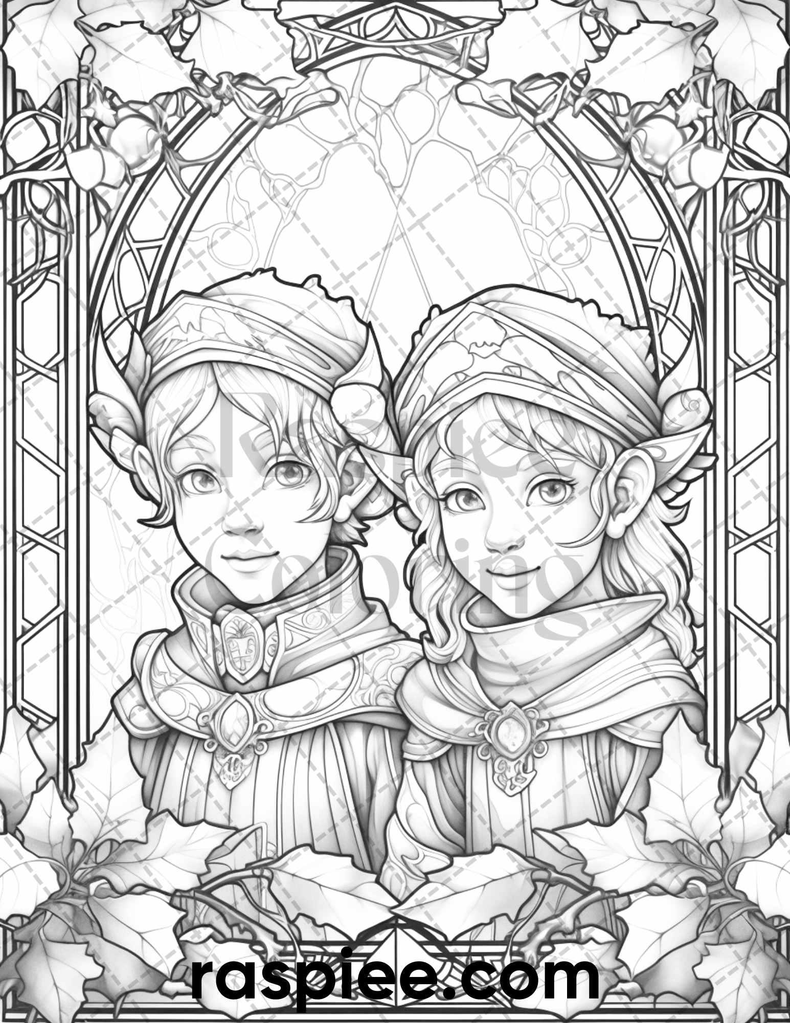 50 Christmas Stained Glass Grayscale Coloring Pages for Adults, Printable PDF File Instant Download