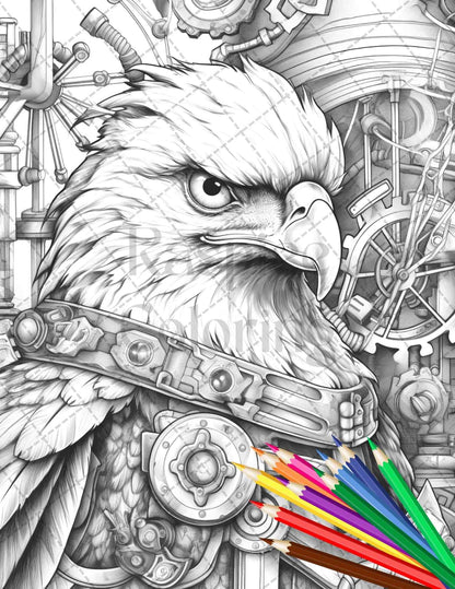 60 Steampunk Animals Grayscale Coloring Pages Printable for Adults, PDF File Instant Download